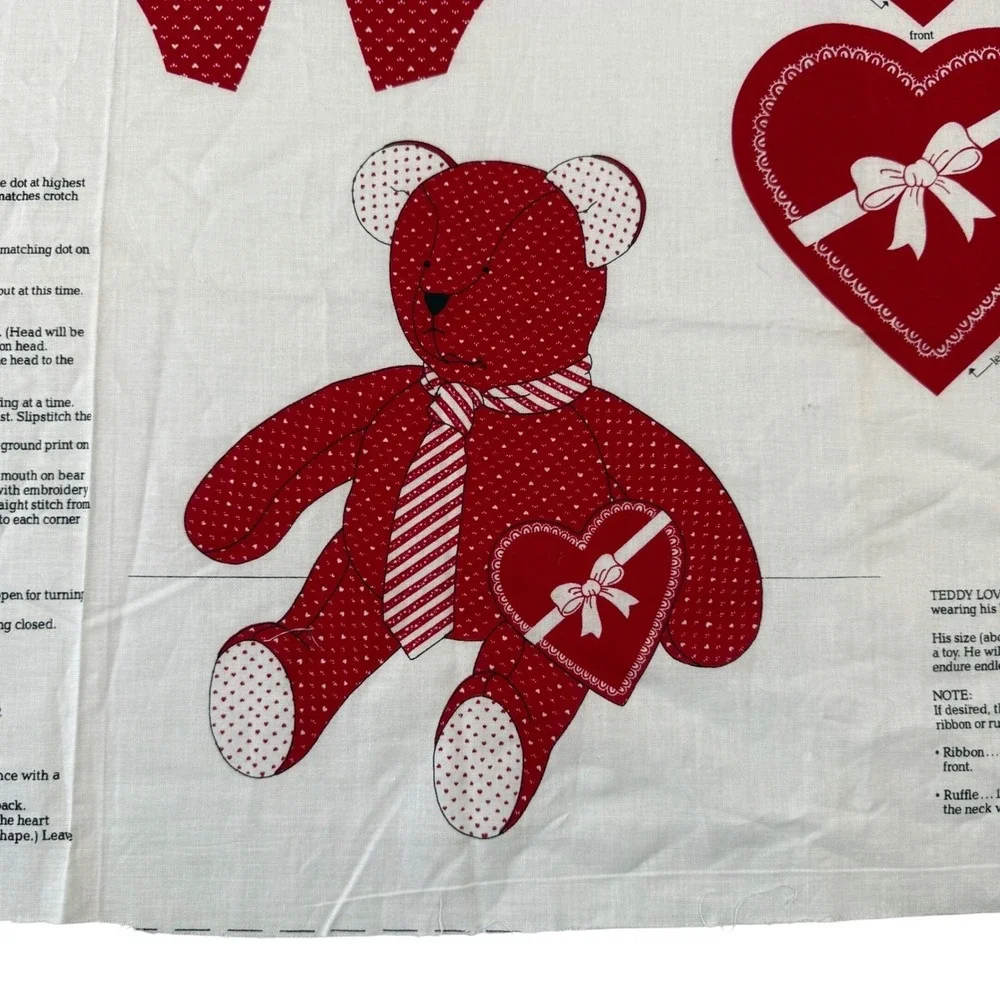 Vintage VIP Cranston Print Works Teddy Love Bear Fabric Panel DIY Sewing Kit Red